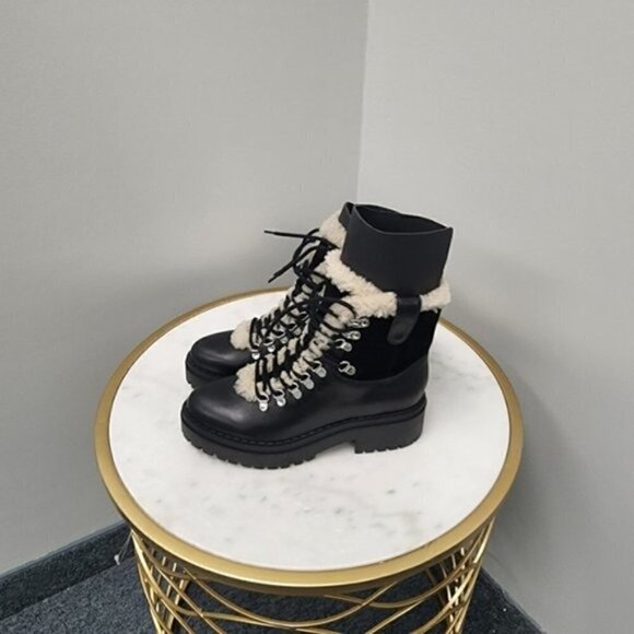 Marc Fisher Nalina Hiking Boot Leather Combat Faux Fur Black 7.5M - Picture 5 of 6